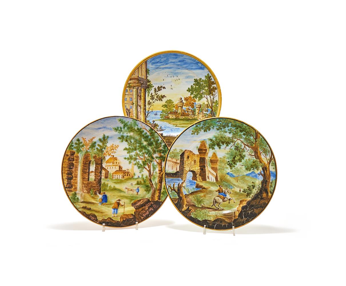 A GROUP OF THREE VARIOUS CASTELLI D'ABRUZZO MAIOLICA PLATES, VARIOUS DATES 18TH CENTURY
