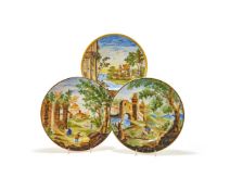 A GROUP OF THREE VARIOUS CASTELLI D'ABRUZZO MAIOLICA PLATES, VARIOUS DATES 18TH CENTURY