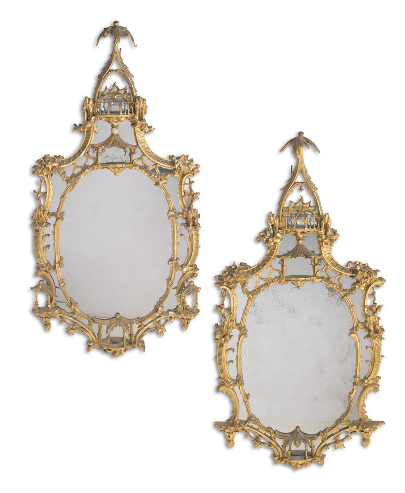 A LARGE PAIR OF CARVED GILTWOOD MIRRORS, IN GEORGE II STYLE, PROBABLY LATE 19TH CENTURY