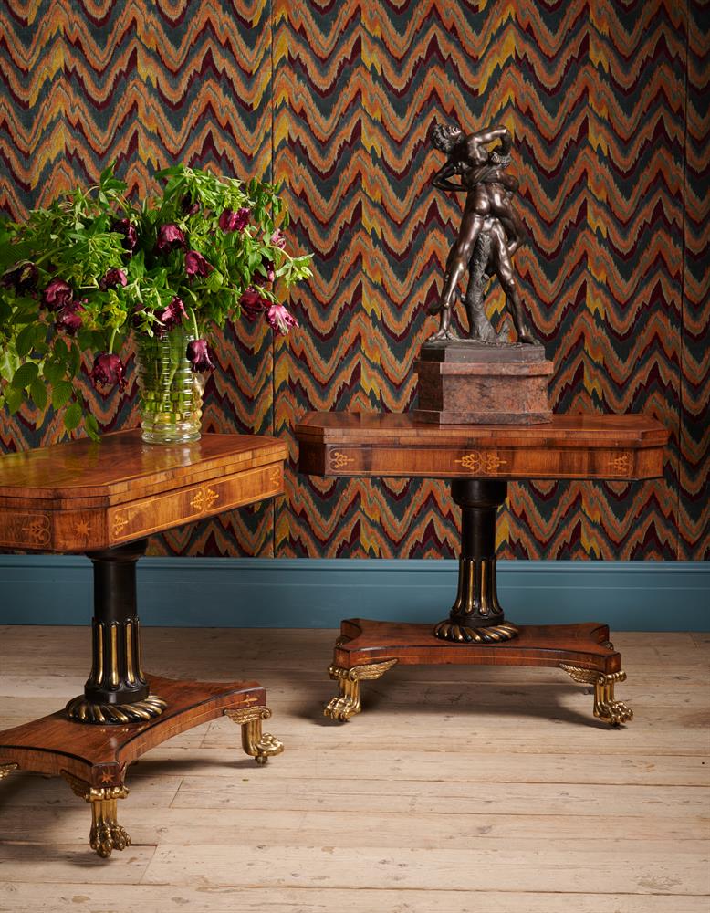 A PAIR OF REGENCY ROSEWOOD, SATINWOOD CROSSBANDED AND BRONZE MOUNTED CARD TABLES, CIRCA 1820