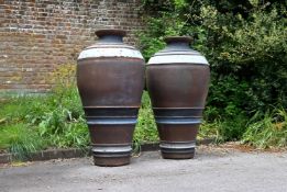 A LARGE PAIR OF POLYCHROME PAINTED TERRACOTTA AMPHORA, 20TH CENTURY