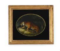 AN UNUSUAL REVERSE PAINTED PICTURE OF A BENGAL TIGER, EARLY 19TH CENTURY