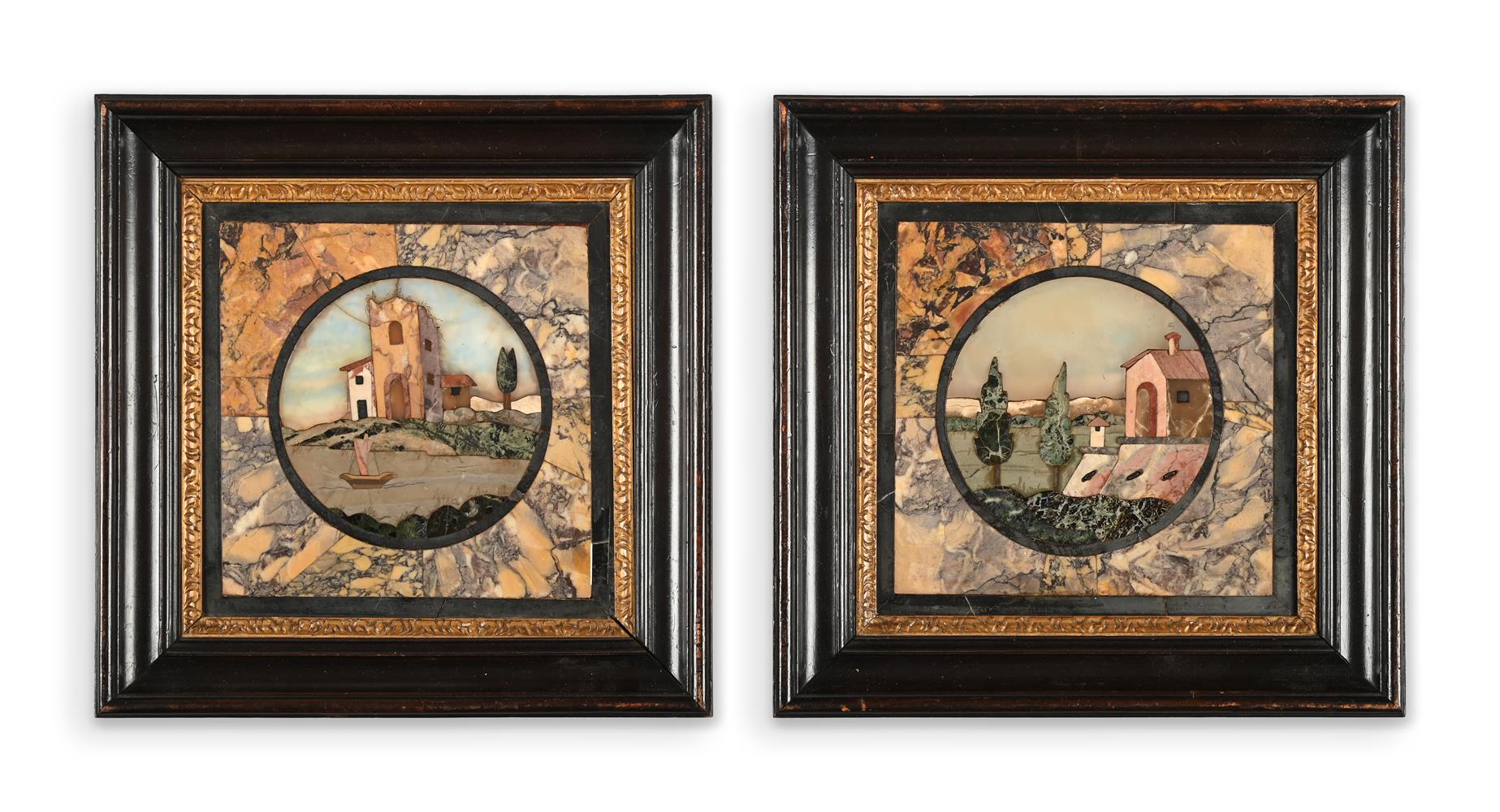 A PAIR OF ITALIAN PIETRE DURE MARBLE LANDSCAPE PANELS, MID 19TH CENTURY