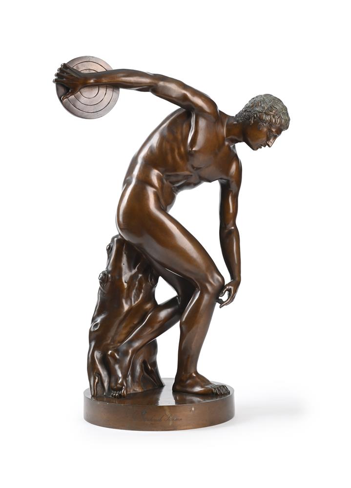 AFTER THE ANTIQUE, A BRONZE FIGURE OF THE DISCOBOLUS, CAST BY A. RÖHRICH, ROME, CIRCA 1830-1850