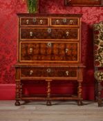 A WILLIAM & MARY OLIVEWOOD OYSTER, FRUITWOOD AND WALNUT CHEST ON STAND, CIRCA 1690