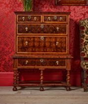 A WILLIAM & MARY OLIVEWOOD OYSTER, FRUITWOOD AND WALNUT CHEST ON STAND, CIRCA 1690