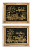 A PAIR OF CHINESE EXPORT BLACK LACQUER AND CHINOISERIE DECORATED PANELS, 20TH CENTURY
