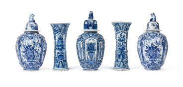 A GARNITURE OF THREE DELFT BLUE AND WHITE VASES, DUTCH, CIRCA 1900