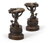A PAIR OF RENAISSANCE REVIVAL BRONZE SEA NYMPH TAZZA OR SALTS, EARLY 19TH CENTURY