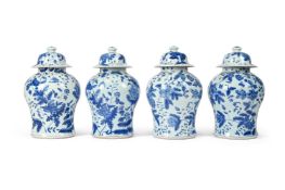 A SET OF FOUR CHINESE BLUE AND WHITE VASES AND COVERS, CONTEMPORARY