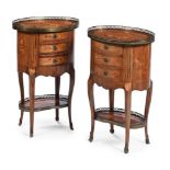 Y A CLOSELY MATCHED PAIR OF KINGWOOD, MAEQUETRY AND BRASS MOUNTED OVAL PETIT COMMODES