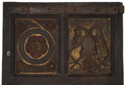 TWO CARVED AND POLYCHROME PAINTED PANELS, POSSIBLY 16TH OR 17TH CENTURY