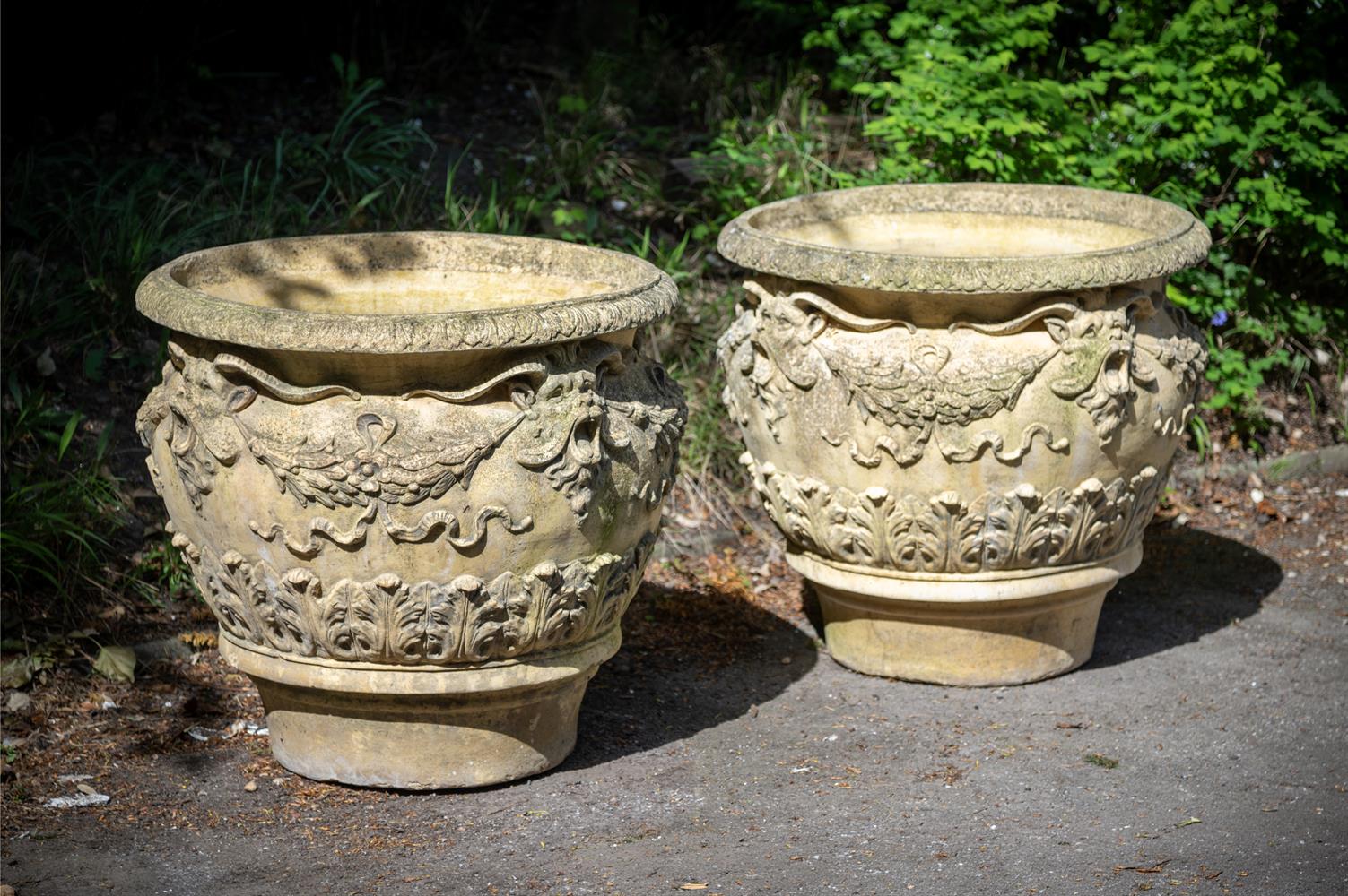 A LARGE PAIR OF TERRACOTTA COLOURED COMPOSITION STONE PLANTERS, POSSIBLY ITALIAN, CONTEMPORARY