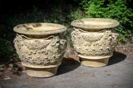 A LARGE PAIR OF TERRACOTTA COLOURED COMPOSITION STONE PLANTERS, POSSIBLY ITALIAN, CONTEMPORARY
