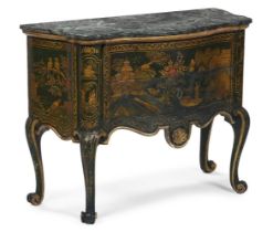A GREEN LACQUER AND GILT JAPANNED SERPENTINE COMMODE, IN GEORGE II STYLE, 19TH CENTURY