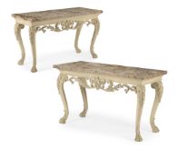 A PAIR OF CARVED WOOD AND PAINTED CONSOLE TABLES, IN GEORGE II STYLE, OF RECENT MANUFACTURE