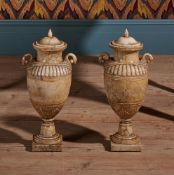 A PAIR OF MARBLE AND ALABASTER URNS, 20TH CENTURY