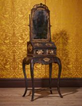 A QUEEN ANNE BLACK LACQUER AND JAPANNED DRESSING TABLE AND MIRROR, CIRCA 1710