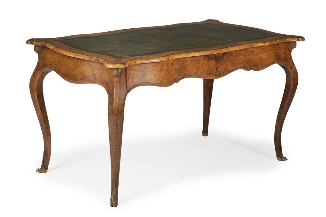 A VICTORIAN BURR WALNUT AND TOOLED LEATHER INSET BUREAU PLAT, SECOND HALF 19TH CENTURY - Image 1 of 3