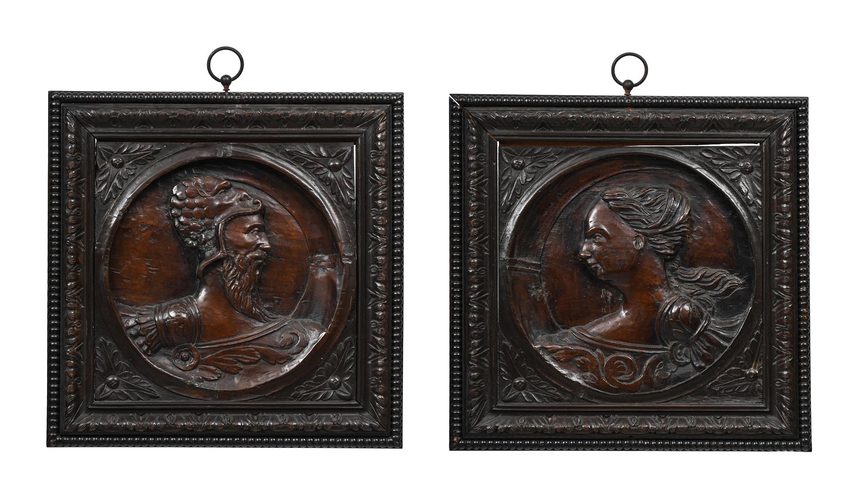 A RARE PAIR OF FRENCH CARVED WALNUT 'MYTHOLOGICAL ROMAYNE' PANELS, LATE 16TH CENTURY
