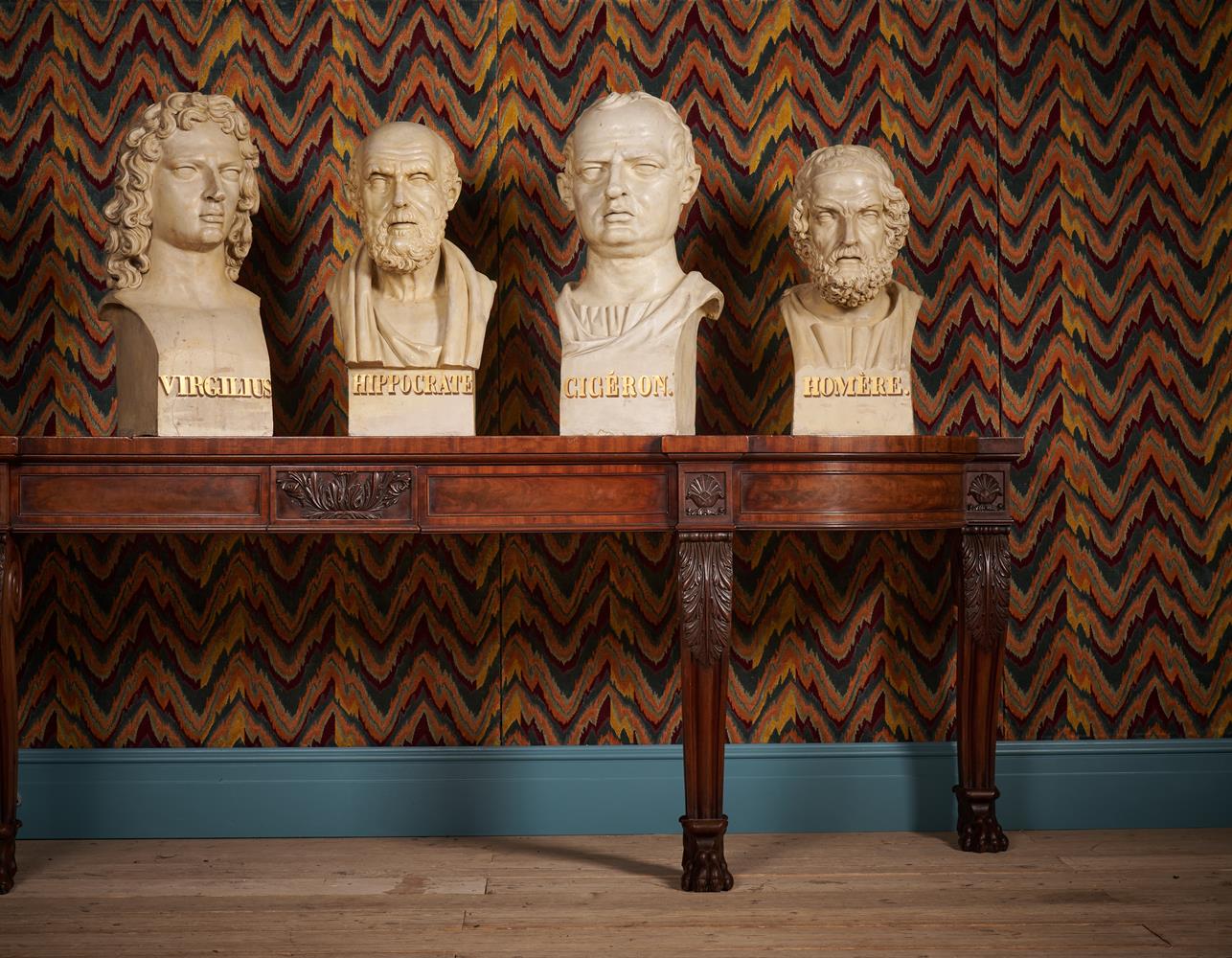 A SET OF FOUR LARGE TERRACOTTA LIBRARY BUSTS OF HIPPOCRATES, HOMER, VIRGIL AND CICERO