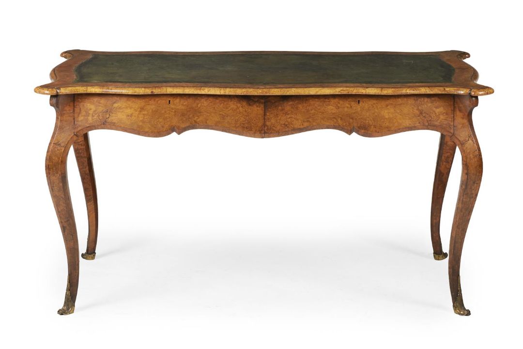 A VICTORIAN BURR WALNUT AND TOOLED LEATHER INSET BUREAU PLAT, SECOND HALF 19TH CENTURY - Image 2 of 3