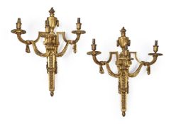 A LARGE PAIR OF GILT BRONZE THREE BRANCH WALL LIGHTS, IN LOUIS XV STYLE, MID TO LATE 19TH CENTURY