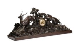 A LARGE GERMAN CARVED BLACK FOREST MANTEL CLOCK, LAST QUARTER 19TH CENTURY