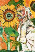 λ JOHN BRATBY (BRITISH 1928-1992), SELF PORTRAIT WITH SUNFLOWERSS