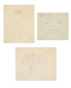 λ SIR STANLEY SPENCER (BRITISH 1891-1959), A SEATED ROBED FIGURE; SHEET OF SMALL STUDIES; FIGURES (3