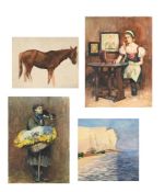HILDA CARLINE (BRITISH 1889-1950), THE FLOWER SELLER; GIRL SEWING; WHITE CLIFFS AND A HORSE
