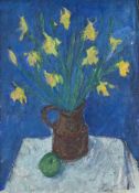 λ ADRIAN RYAN (BRITISH 1920-1998)NARCISSI IN A BROWN JUG WITH APPLE Oil on canvasSigned (lower righ