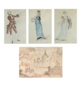 λ OLIVER MESSEL (BRITISH 1904-1978), THREE COSTUME AND ONE SET DESIGN