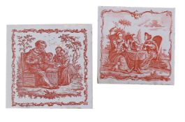 TWO ENGLISH DELFT IRON-RED TRANSFER PRINTED TILES, VARIOUS DATES THIRD QUARTER 18TH CENTURY