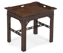 A GEORGE III CARVED MAHOGANY TRAY, 18TH TO EARLY 19TH CENTURY, ON A LATER STAND