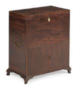 Y A GEORGE III MAHOGANY AND SATINWOOD STRUNG CELLARET CUPBOARD, CIRCA 1780s