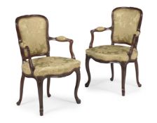 A PAIR OF LOUIS XV GREEN SILK DAMASK UPHOLSTERED FAUTEUILS OR ARMCHAIRS, CIRCA 1770