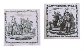 TWO SADLER AND GREEN DELFT BLACK TRANSFER PRINTED TILES, LIVERPOOL, CIRCA 1770