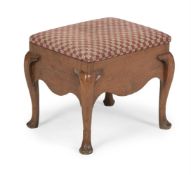 A GEORGE II WALNUT AND UPHOLSTERED LIDDED STOOL, CIRCA 1750s