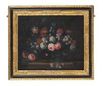 FOLLOWER OF JEAN-BAPTISTE MONNOYER, STILL LIFE OF FLOWERS IN A BASKET ON A LEDGE