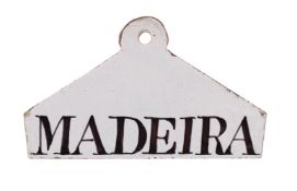 AN ENGLISH DELFT WINE-BIN LABEL NAMED FOR MADEIRA, PROBABLY LONDON, CIRCA 1790