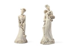 TWO SIMILAR ITALIAN CREAMWARE MODELS OF WOMEN IN FIN DE SIECLE DRESS, 20TH CENTURY