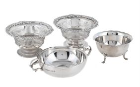 A CASED SILVER JERSEY BOWL, A PAIR OF PIERCED DISHES AND ANOTHER BOWL