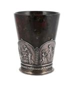 A SILVER MOUNTED AND GREEN HARDSTONE BEAKER