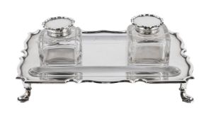 A SILVER SHAPED RECTANGULAR INKSTAND
