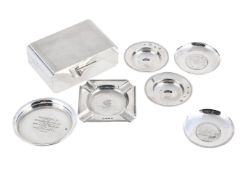 A SILVER CIGARETTE BOX AND SIX ASH TRAYS