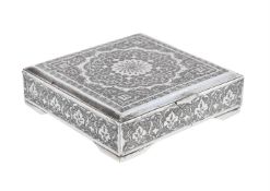A SILVER COLOURED SQUARE CIGARETTE BOX