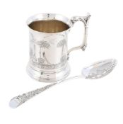 A VICTORIAN SILVER MUG AND A SCOTTISH DESSERT SPOON