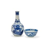 A CHINESE BLUE AND WHITE BOTTLE VASE, LATE 18TH CENTURY, ALONG WITH A 19TH CENTURY BOWL