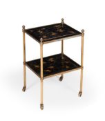 A GILT BRASS AND BLACK LACQUERED TWO TIER ETAGERE, POSSIBLY FROM MALLETTS ANTIQUES, 20TH CENTURY
